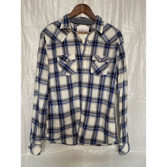 Aeropostale Other - Aeropostale Men's Shirt Large Blue Plaid Western Snap 2 Pockets Long Sleeve